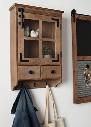 Kate And Laurel Hutchins Decorative Farmhouse Wood Wall Cabinet With Window Pane Glass Door And 2 Storage Drawers, Rustic Brown #TOP1