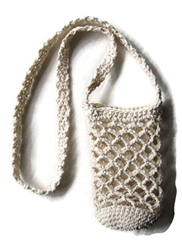 Cream Cotton Crochet Crossbody Water Bottle Bag Drink Carrier Holder Beverage Sling Tote