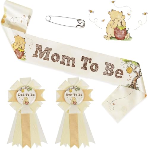 Classic Winnie Bear Baby Shower Decorations Mom to Be Sash Dad to Be Corsage Set, Neutral Vintage Pooh Bear Mommy to Be Sash Baby Shower Sash Set Winnie Gender Reveal Decorations Keepsake Gift