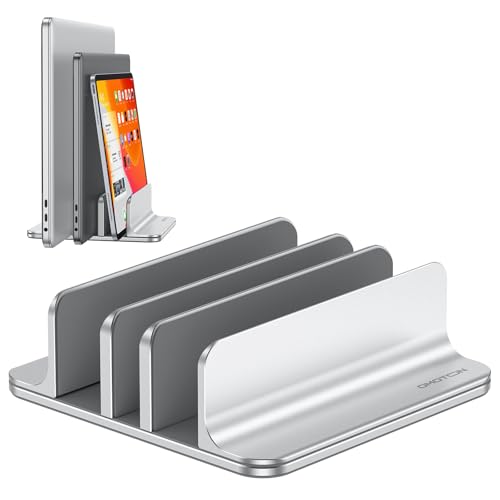OMOTON 3-Slot Vertical Laptop Stand, Desktop Aluminum Stand for MacBook with Adjustable Dock Size, Laptop Holder Fits All MacBook, Surface, Chromebook and Gaming Laptops (Up to 17.3 inches), Silver