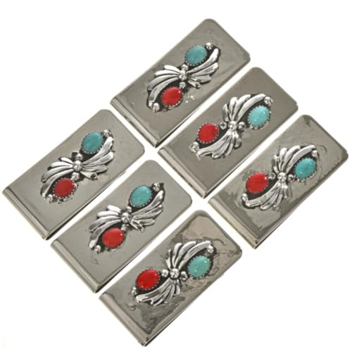 Navajo Turquoise Coral Silver Money Clip Native American Sterling Hammered Fan Design on Silver Clamp 37692