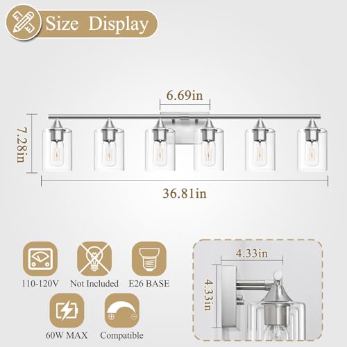 Image of 6-Light Bathroom Lighting Fixtures Over Mirror,Brushed Nickel Light Fixture Bathroom,Vanity Light with Clear Glass Shade,Modern Wall Lights for Mirror Bedroom Living Hallway