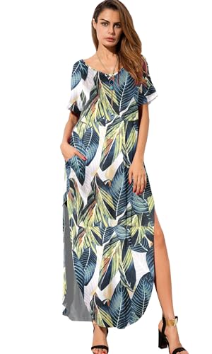 Image of GRECERELLE Women's Summer Maxi Dress Casual Loose V Neck Short Sleeve Side Split Long Dresses with Functional Pockets