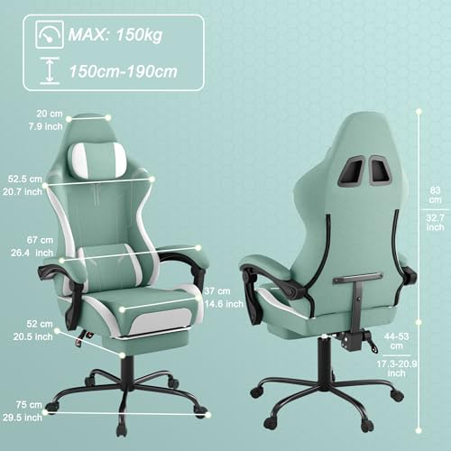 FIVMEN Gaming stoel massage groene gamingstoel gamestoel gamingstoel met voetensteun & hoofdsteun & massagelendenkussen ergonomische bureaustoel in hoogte verstelbaar voor gamers, speelkamer, kantoor - Afbeelding 4