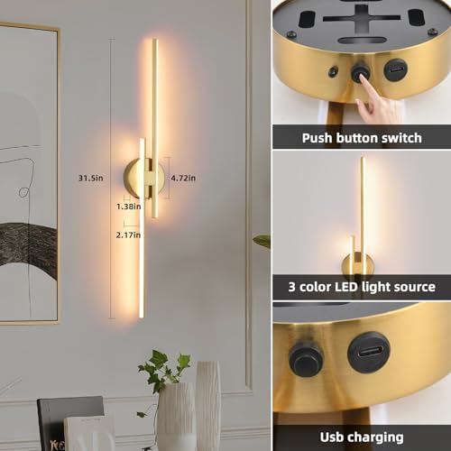 Image of Battery Operated Wall Sconce Set of 2,Gold 31.4 inch 3000K-6500K LED Dimmable Wall Sconces with Remote Control,Wireless Wall Light USB Rechargeable for Bedroom Hallway Living Room Background Wall Lighting