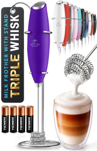 Image of Zulay Kitchen Powerful Milk Frother Wand With Duracell Batteries - Ultra Fast Handheld Drink Mixer - Electric Whisk Foam Maker for Coffee, Lattes, Cappuccino & Matcha - Triple Whisk - Black
