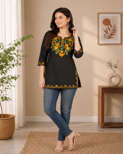 Image of Women's Gulnar Pure Cotton Kashmiri Embroidered A-line 3 /4 Cuff Sleeves Kurti | Short Kurta