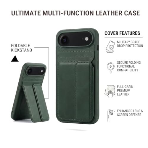 Image of amazon basics Luxury Vegan Leather Back Cover for iPhone 17 Air | Built-in Card Holder Slot | Integrated Mobile Stand | Slim Shockproof Protective Case with Stitched Finish - Green