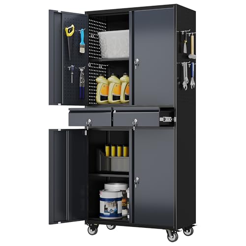Image of Aobabo Garage Storage Cabinet with 2 Drawers, Metal Storage Cabinet with Wheels for Garage Home,Assembly Required,Black Dark Gray