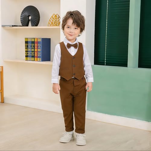 Image of Baby Boys Gentleman Formal Suit Set with Vest, Pant, Shirt, and Bow Tie, Weding 4Pcs Outfit