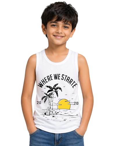 Image of Kuchipoo Boys Sleeveless Cotton T-Shirt | Cute Graphic Print | Soft & Breathable Fabric | Round Neck Summer Top | Casual for Kids | Pack of 5