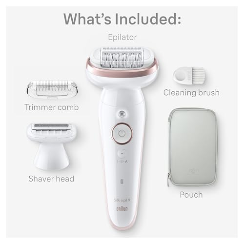 Image of Braun Epilator Silk-epil 9, Hair Removal Device, Women Shaver & Trimmer, Pivoting Head, Wet and Dry Epilator, Includes Shaver Head and Trimmer Comb, SES9-030