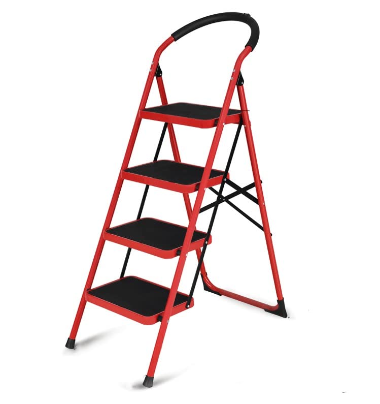 SUNRISE 4 Step Foldable Ladder, Folding Step Stool with Wide Anti-Slip Pedal, Household Steps Sturdy, Steel Ladder, Convenient Handgrip, Portable Steel Step Stool (Red)