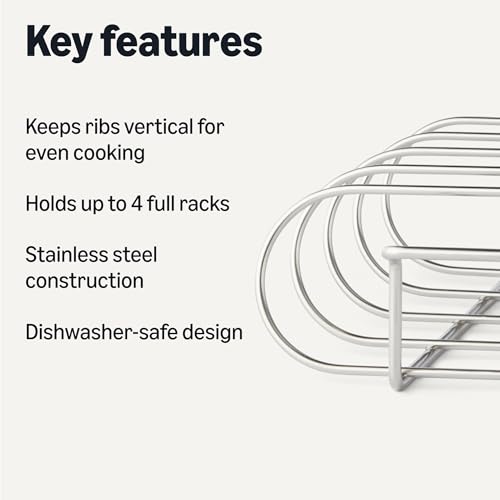 Image of Amazon Basics Stainless Steel Rib Rack for Smoking and Grilling, Holds up to 4 Full Racks, Dishwasher-Safe BBQ Accessory, Silver, 1-Pack