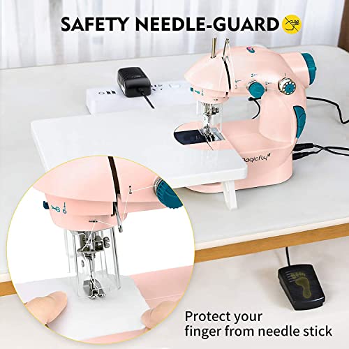 Image of Magicfly Mini Sewing Machine with Extension Table, Dual Speed Portable Sewing Machine for Beginners with Light, Sewing Kit for Household Use, Pink