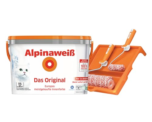 Alpinaweiß Das Original – optimal deckende und ergiebige weiße Wandfarbe – mit Spritz-Schutz-Formel – inkl. Roller-Set und Farbwanne - 10 Liter