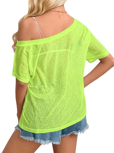 Image of Hilinker Women's Sheer Off The Shoulder Tops See Through Sexy Short Sleeve Mesh Shirt Summer