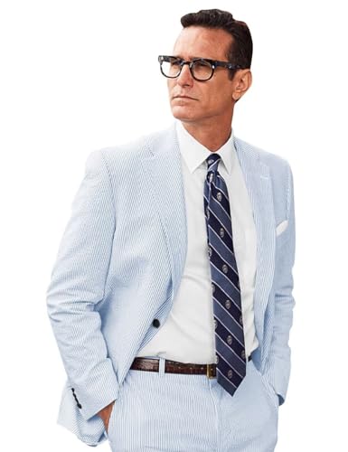 Men's Seersucker Suits 2 Piece Slim Fit Suit for Beach Wedding Summer Casual Lightweight Formal Suit