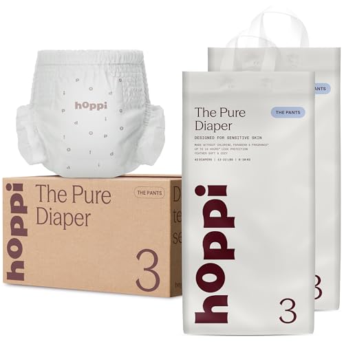 Image of Hoppi Pure Active Baby Diaper Pants, Size 3, 84 Count, 13-22 lbs | Feather-Soft Diaper Pants with 360 Waistband, Quick-Absorb Core, 14-Hour Protection for Daycare, Naps and Daily Changes