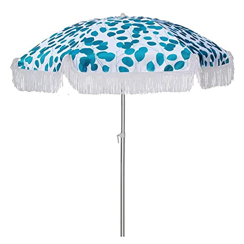 Sombrilla para Patio De 180cm,Sombrilla De Jardín con Ribete Azul Moteado con Borde De Borla, Mecanismo De Inclinación,Impermeable,Protección UV50+,para Patio Jardín Playa Piscina