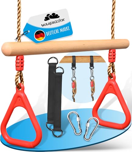 WOLKENGLÜCK® Trapez Schaukel für Kinder [Indoor & Outdoor] - 2-in-1 Hängeschaukel mit Trapezstange aus Holz und 2 Turnringen - höhenverstellbar 120cm bis 150 cm & belastbar bis 150 kg