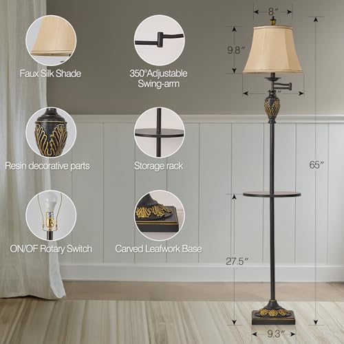 Traditional LED Floor Lamp with 350° Adjustable Swing Arm Lamp – Vintage Standing Pole lamp for Living Room, Bedroom and Office – Rustic Upright Floor Light for Home Décor with Faux Silk Fabric Shade - Image 3