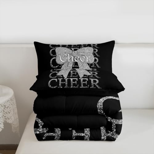Image of Feelyou Cheer Bow Comforter Set Queen Size Cheerleading Bedding Set for Kids Boys Girls Funny Sport Duvet Quilt Silver Bedroom Decor Microfiber 3 Pcs with 2 Pillow Cases