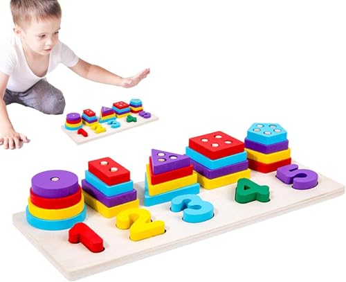 Image of SHINETOY ENTERTAIN KIDS Multifuction Shape Board,Sorting & Stacking Wooden Stackable Blocks for Toddlers,Color Recognition,Preschool Educational Toys Montessori Games Early Learning Puzzle Gift,16 Pcs