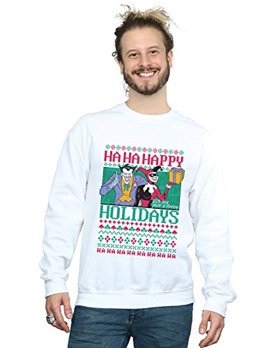 Absolute Cult DC Comics Men's Joker And Harley Quinn Ha Ha Happy Holidays Sweatshirt White Small