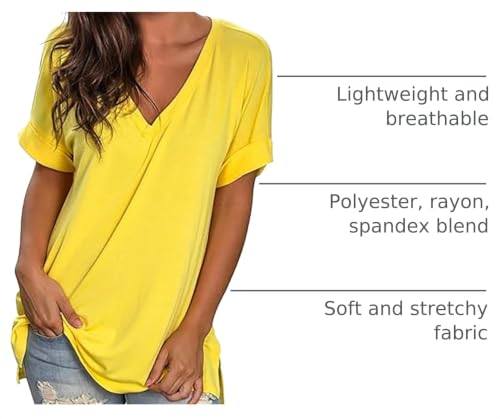 Image of Sampeel Women's V Neck T Shirts Casual Rolled Short Sleeve Side Split Summer Tops Loose Fit