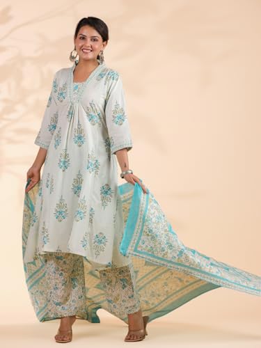 Image of Vbuyz Women Floral Print With Mirror Work Cotton Kurta Palazzo With Dupatta