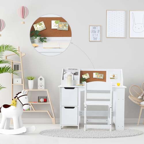 White Study Desk and Chair Set with Bookshelf, Bulletin Board, and Cabinets - Ideal for Boys and Girls Ages 3-8