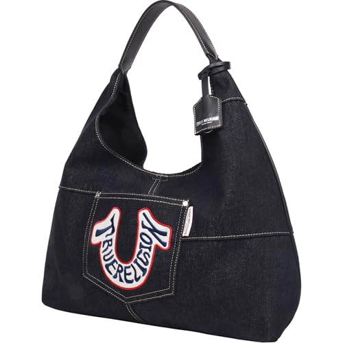True Religion Hobo Shoulder Bag Purse, Retro Denim Travel Handbag with Oversized Logo, Black