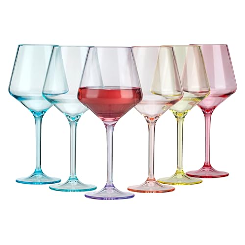 ZAINCA 16-ounce Plastic Stem Wine Glasses, All Purpose Arcylic Glasses, set of 6 Multicolor Reusable Shatter-resistant Dishwasher Safe