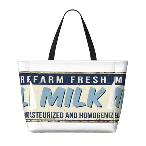 Vintage Farm Fresh Milk Print Large Beach Tote Bag for Women Extra Large Capacity Sandproof Waterproof Pool Bag Suitable for Swimming Pool Gym Groceries Travel2