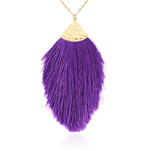 RIAH FASHION Antique Bohemian Silky Thread Fan Tassel Statement Necklace - Vintage Gold Feather Shape Strand Fringe Lightweight Long Chain (Feather Fringe - Purple)