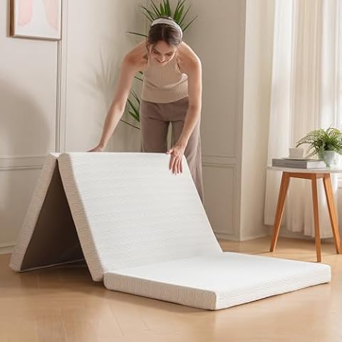 Dyonery Folding Mattress, 4 Inch Queen CertiPUR-US Certified Portable Trifold Memory Foam Mattress with Washable Cover, 60"×80"×4", Foldable Guest Bed, Travel Mat, White Cover