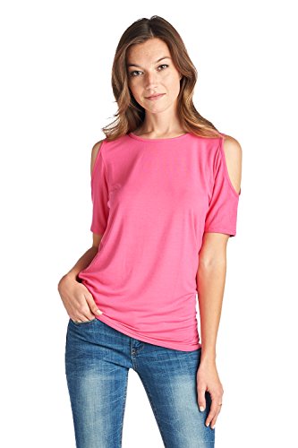 RENEEC. Women's Open Cutout Shoulder Bamboo Super Soft Top - Made in USA (Large, Hot Pink)