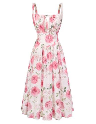 SCARLET DARKNESS Sommerkleid Damen Spaghetti Lange Boho Kleid Vintage Milkmaid Country Kleid Weiß-Rosa Rosen XXL 1