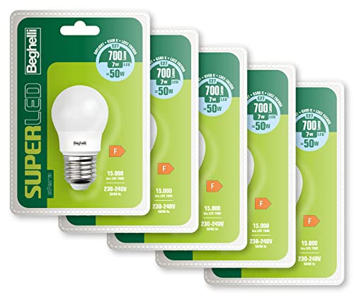 Beghelli - Lampadina LED E27 7W Luce Fredda, 700lm, 6500K, Pacco da 5, Lampadine Sfera Efficienti, Facili da Installare, Adatte per Interni, Durata 15000 Ore, Gruppo Beghelli - Colore: LED