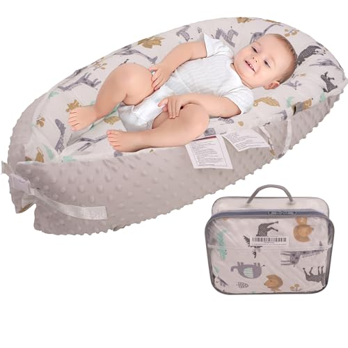 Image of Vtedu Baby Lounger, Ultra Soft Breathable Cotton Multiple Patterns, Removable Washable Cover, Portable & Adjustable, Perfect for Tummy Time, Newborn Shower (Pattern Animals&Dimples)