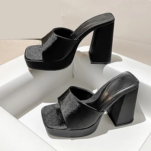 Women'S Satin Chunky Heel Mule Sandals Fashion Square Open Toe Chunky Platform Dress Sandals For Party, Date, Evening Party3