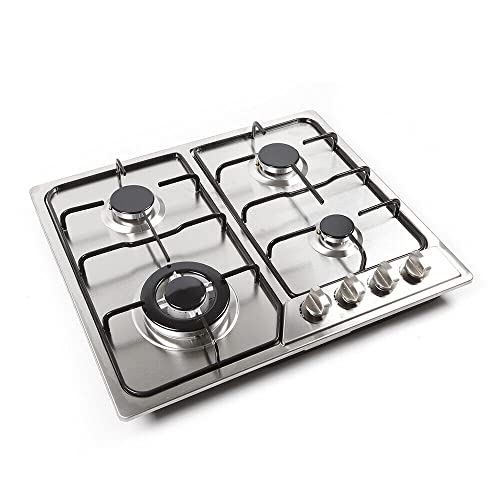 Cocina de gas, 4 fuegos, 23 pulgadas, acero inoxidable, incluye soporte para cacerola, placa de gas, propano y soporte de hierro fundido, adecuado para gas natural o propano