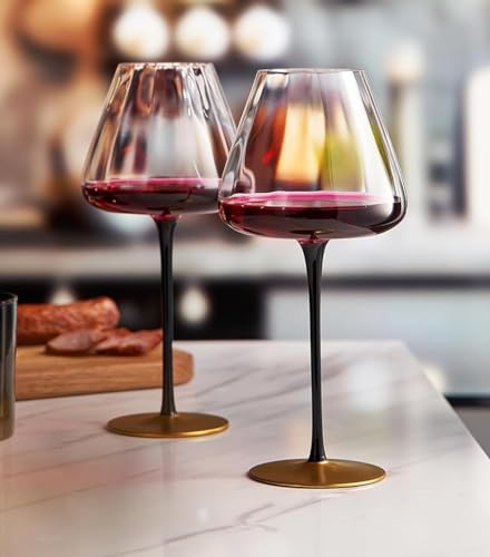 Khen Modernas copas de vino, agua y cóctel con tallo negro mate y dorado | Juego de 2 | Copa de cóctel alta Art Deco para tinto o blanco, gin & tonic, cristalería para copa grande clásica (30 onzas)