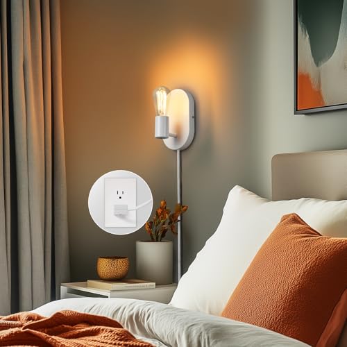 Image of Globe Electric 65000134 1-Light Plug-in or Hardwire Wall Sconce, Matte White, 6ft White Fabric Covered Cord, Inline On /Off Rocker Switch, Bedroom, Living Room, Mounted Lamp