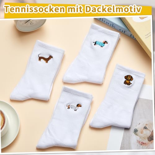 Jadive 4 Paar Dackel Socken Katzensocken Geschenke Damen Herren Valentinstag Tennissocken mit Motiv Crew Socken für Freundin Freunde Geburtstage Dackelliebhaber Katzenliebhaber(Dackel,36-42)