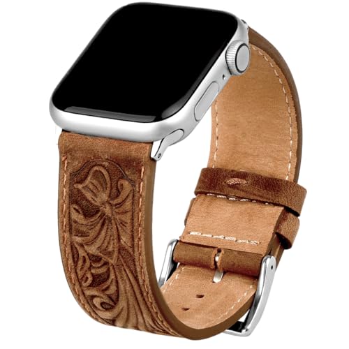 Deeplus for Apple Watch Band Leather 46mm 45mm 44mm 42mm, Handmade Carved Bump Genuine Leather Replacement Strap for iWatch Series 10 9 8 7 6 5 SE, Retro Brown