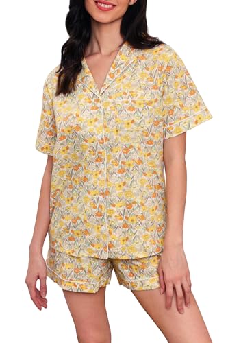 Image of LUBOT 100% Cotton Women's Pajamas Set Button-Down Two-piece PJ Set Short Sleeve Printed Patterned Summer Sleepwear Loungewear (Yellow Flower, 2XL)