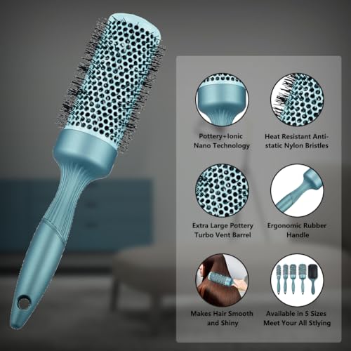 Aozzy 5pcs Hair Drying Brush Round Set, Pottery Lonic Round Hair Brush Set for Blow Drying Curling - Image 2
