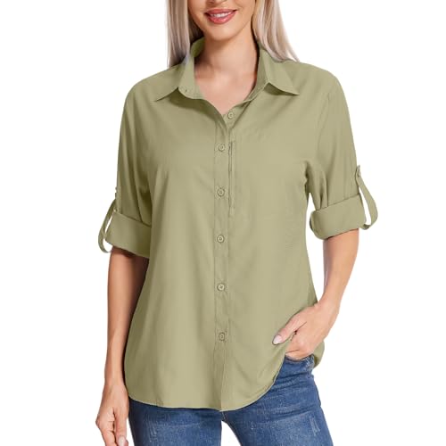 mosingle Safari-Hemd für Damen, Sonnenschutz, schnelltrocknend, leicht, Langarm, Reisebluse, für Damen, Wandern, Camping, 5019# Khaki, Small